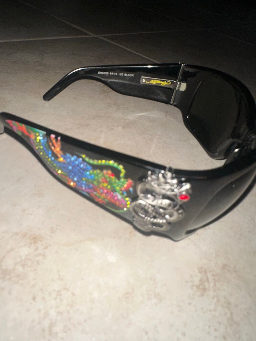 Ed Hardy EHS025 Black Dragon Rhinestone Sunglasses Y2K Vintage 64-15-120